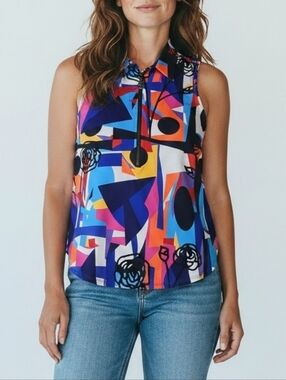Frank Lyman Design Sleeveless Diamante Zippered Top In Blue Multi Size 8